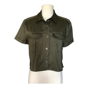 Good American NWT The Cropped Shirt Button Down Sage Collared Front Pockets